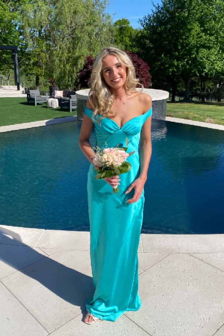 Off the Shoulder Aqua Soft Satin Fitted Dress