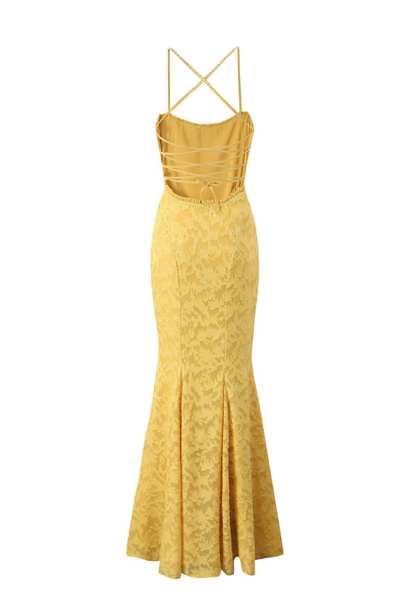 Straps Yellow Lace Mermaid Maxi Dress