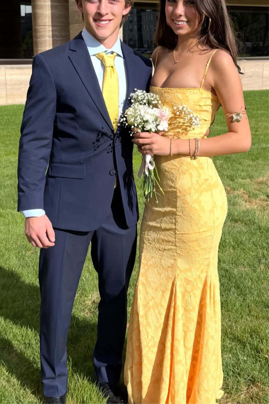 Straps Yellow Lace Mermaid Maxi Dress