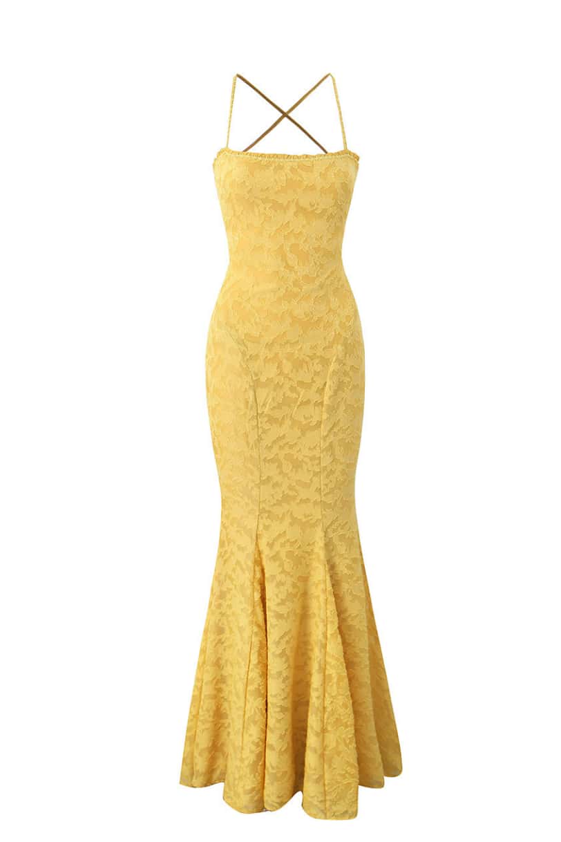 Straps Yellow Lace Mermaid Maxi Dress