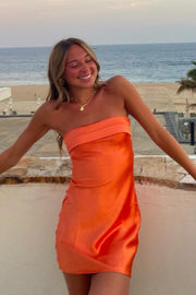 Strapless Orange Cowl Back Short Dress
