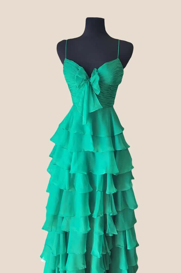 Straps Green Tiered A-line Long Dress with Bow