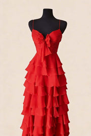 Straps Green Tiered A-line Long Dress with Bow