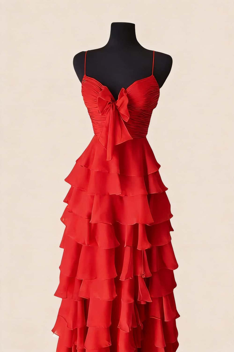 Straps Green Tiered A-line Long Dress with Bow