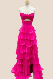 Strapless Hot Pink Rosette Tiered Long Dress