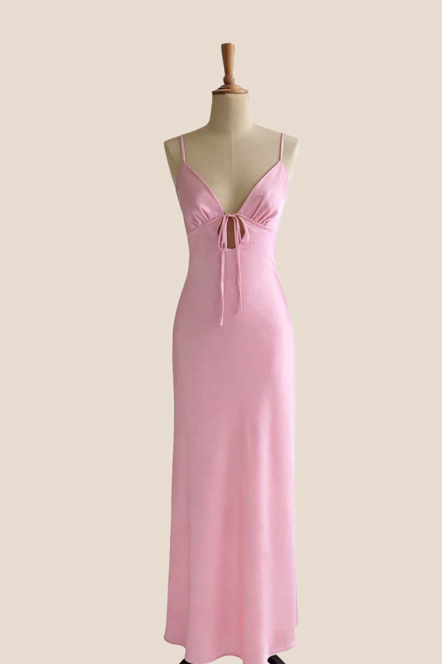 Plunge Neck Pink Back Tie Long Dress