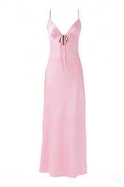 Plunge Neck Pink Back Tie Long Dress