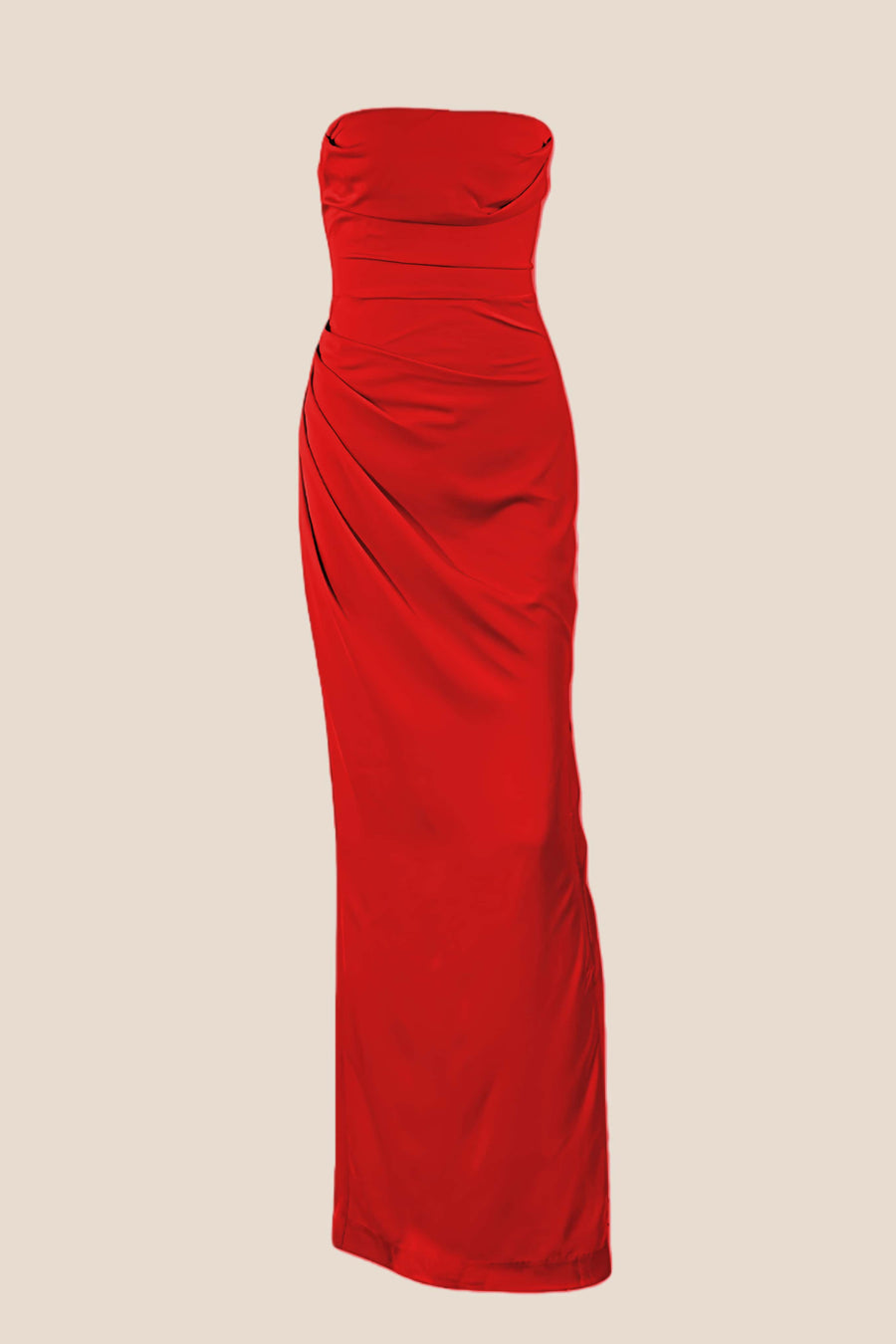 Strapless Red Ruched Long Dress with Slit