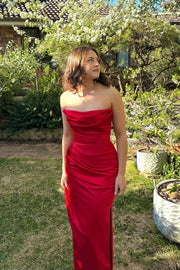 Strapless Red Ruched Long Dress with Slit