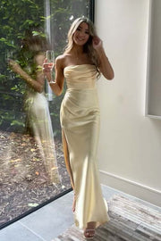 Strapless Red Ruched Long Dress with Slit