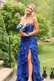 Strapless Yellow Pleated Tiered Long Dress