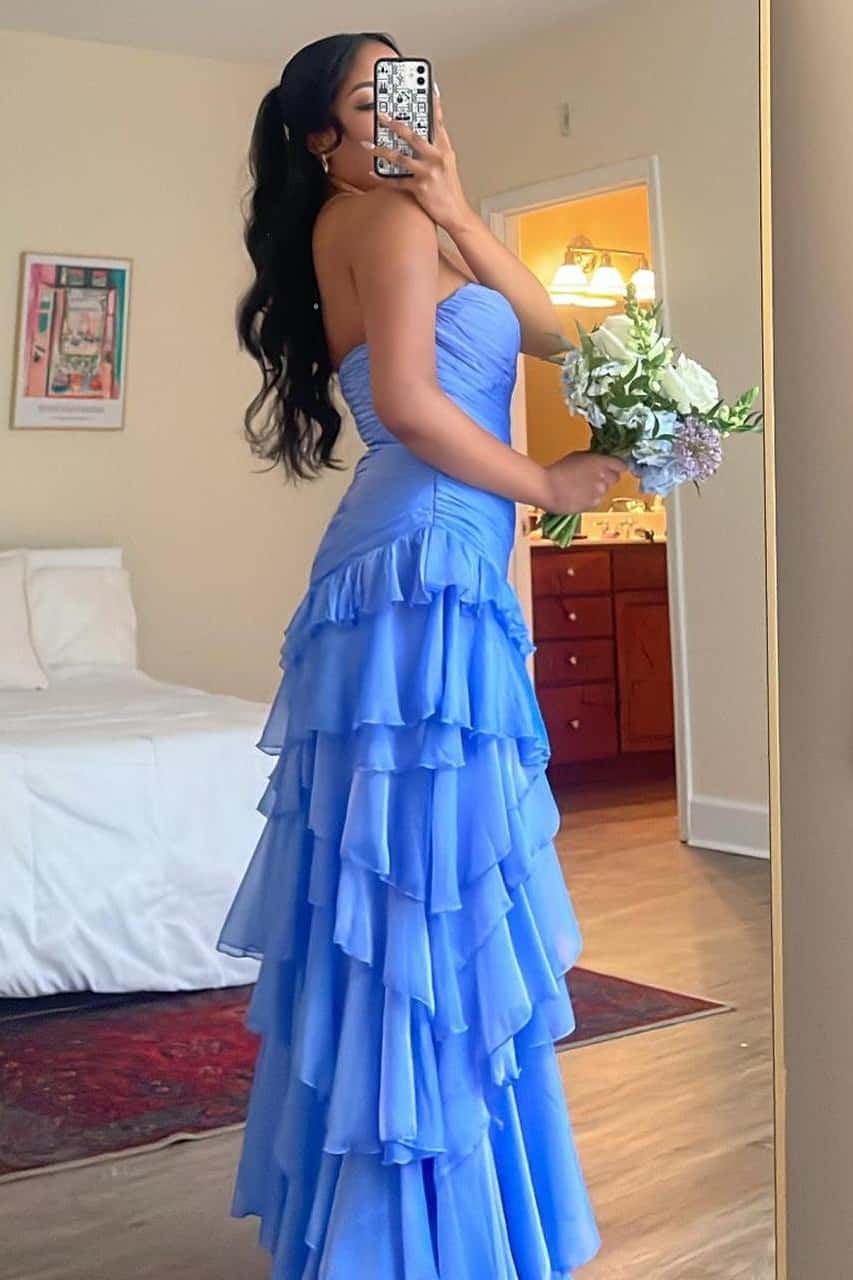 Strapless Yellow Pleated Tiered Long Dress