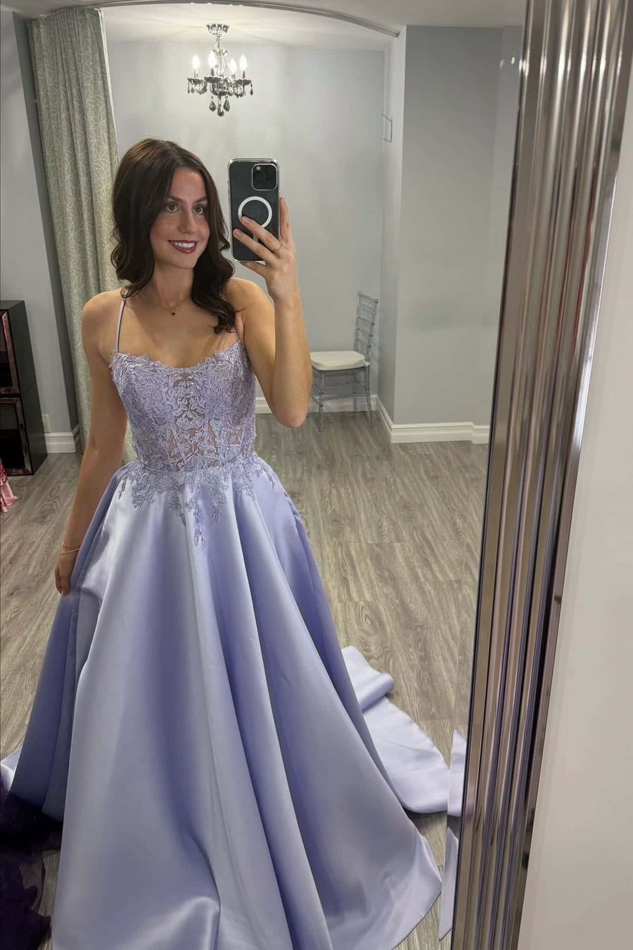 Straps Sage Green Appliques Satin A-line Formal Gown