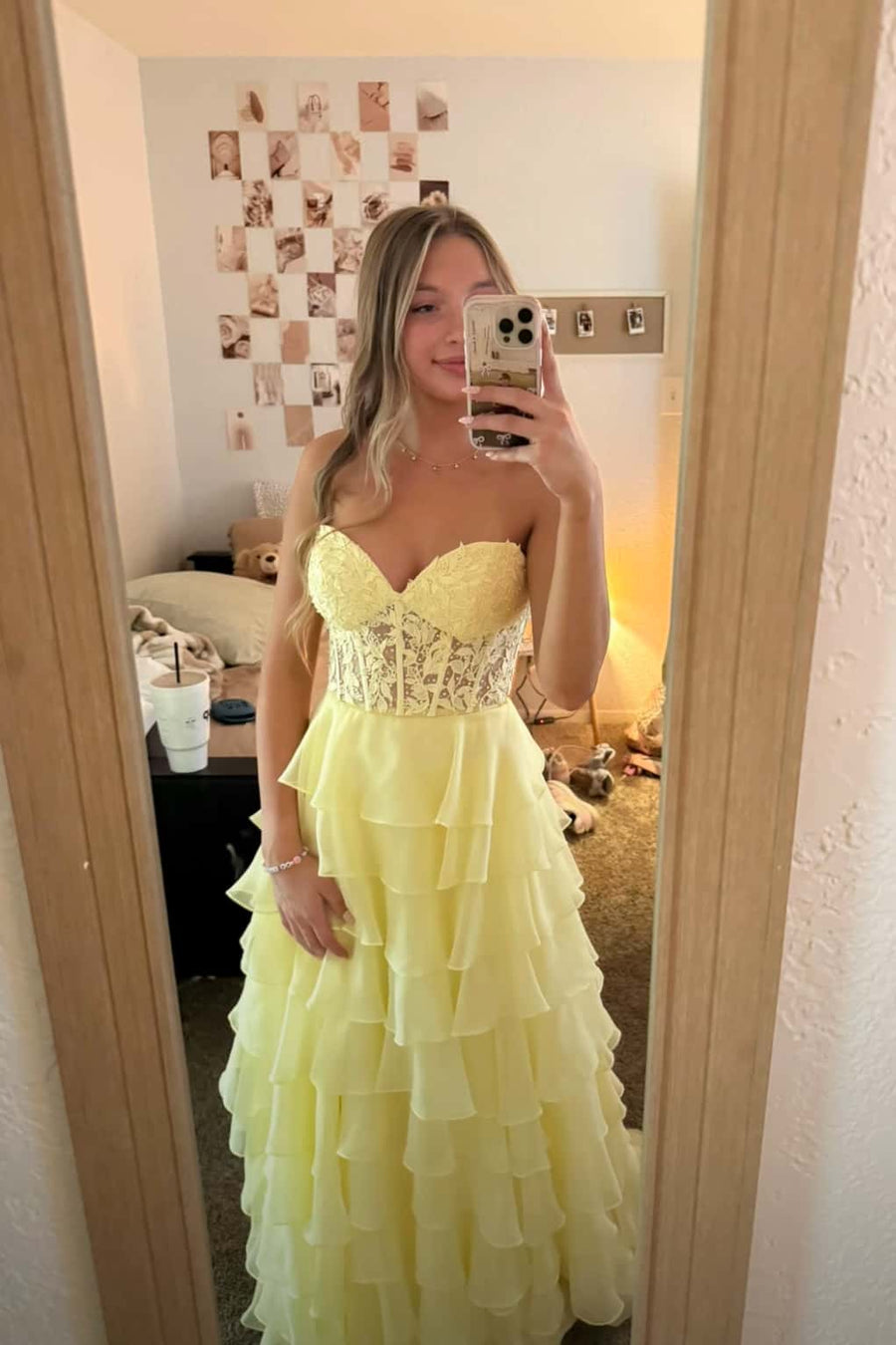 Sweetheart Yellow Appliques Tiered Ruffles Dress