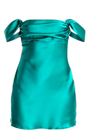 Off the Shoulder Light Blue Satin Short Dress