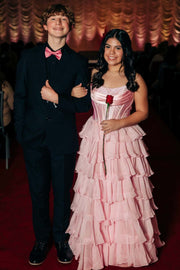 Beaded Yellow Chiffon A-line Tiered Ruffle Gown