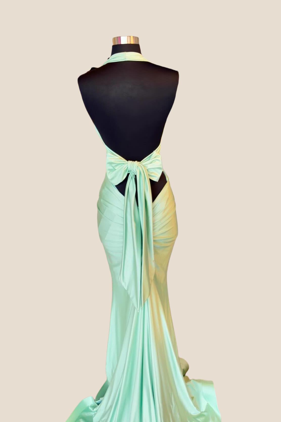 Halter Sage Fitted Open Back Long Formal Dress