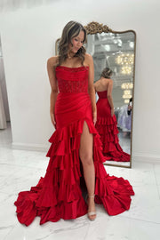 Strapless Lavender Appliques Satin Mermaid Ruffle Dress