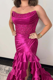 Strapless Lavender Appliques Satin Mermaid Ruffle Dress