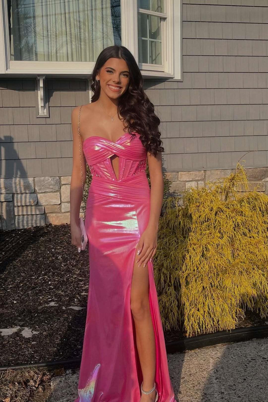 metallic fuchsia dress One Shoulder Pink Metallic Short Dress With Ruching