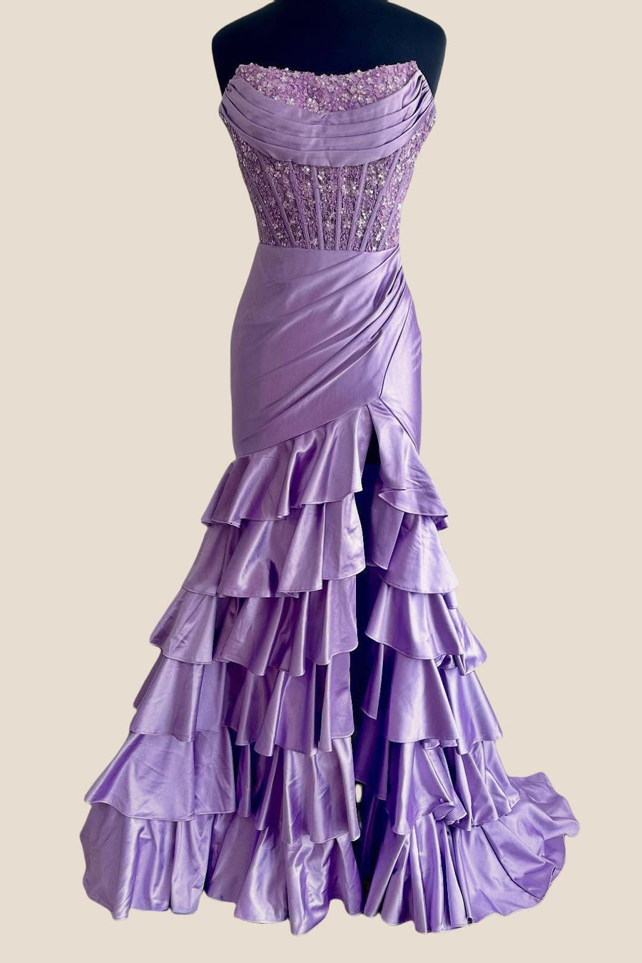Strapless Lavender Lace Appliques Satin Mermaid Ruffle Dress