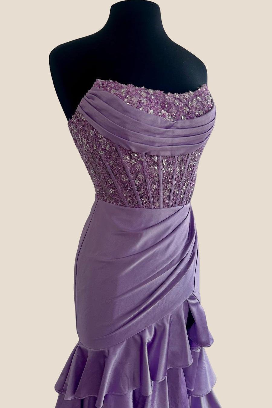 Strapless Lavender Lace Appliques Satin Mermaid Ruffle Dress