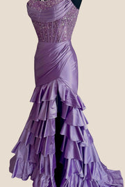 Strapless Lavender Lace Appliques Satin Mermaid Ruffle Dress
