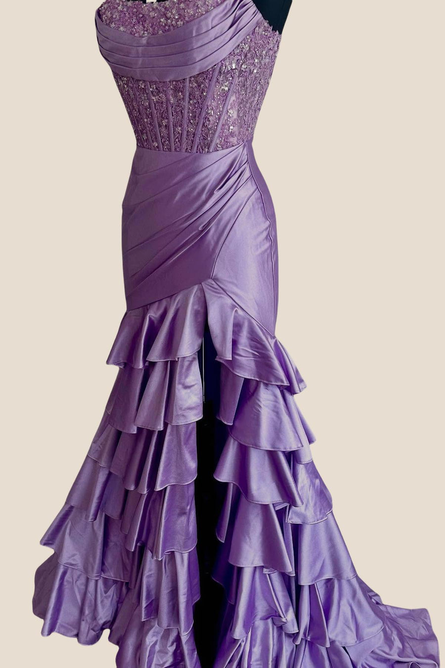 Strapless Lavender Lace Appliques Satin Mermaid Ruffle Dress
