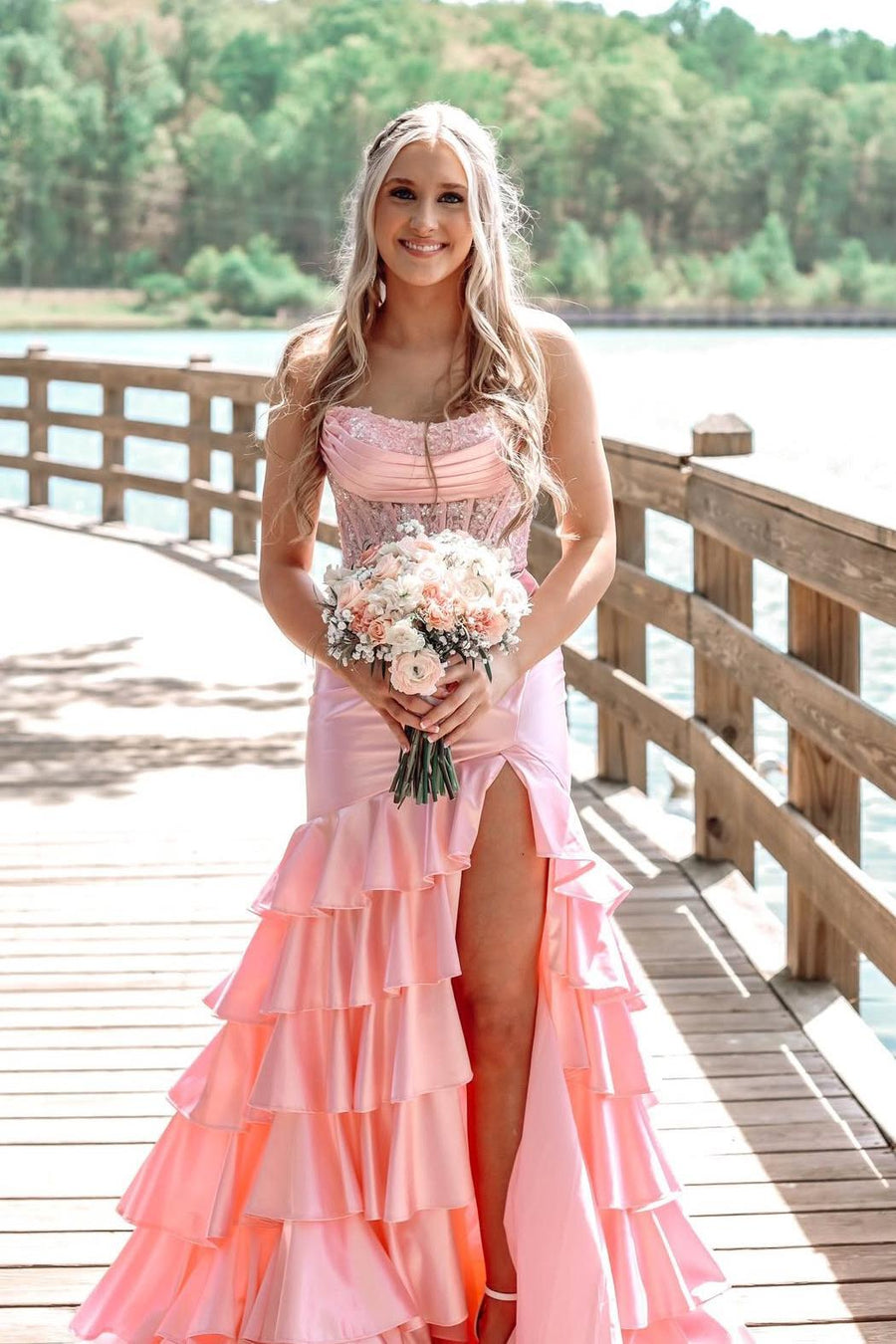 Strapless Lavender Lace Appliques Satin Mermaid Ruffle Dress