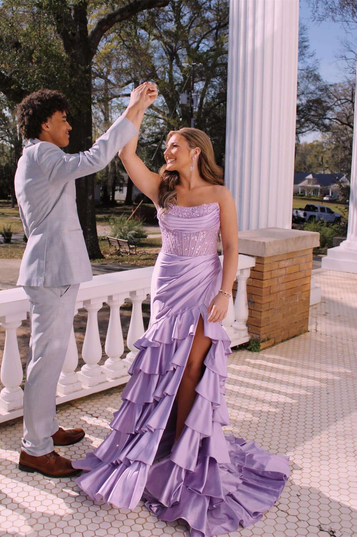 Strapless Lavender Lace Appliques Satin Mermaid Ruffle Dress