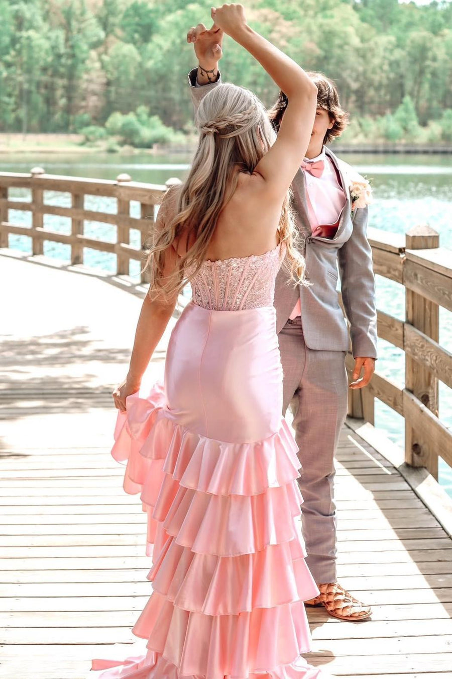 Strapless Lavender Lace Appliques Satin Mermaid Ruffle Dress