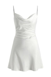Cowl Neck White Back Tie A-line Short Dress