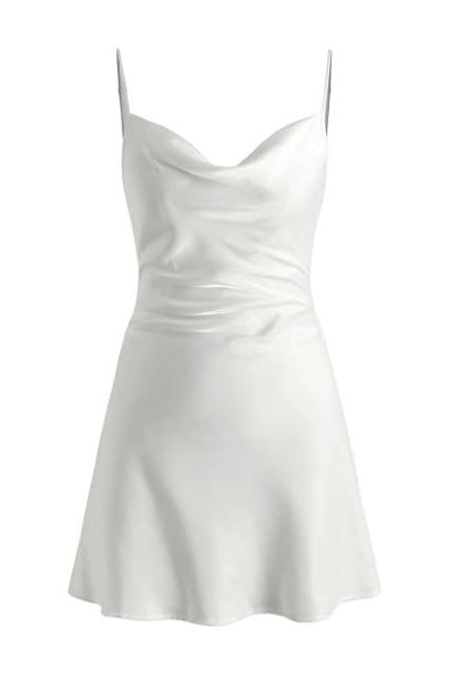 Cowl Neck White Back Tie A-line Short Dress