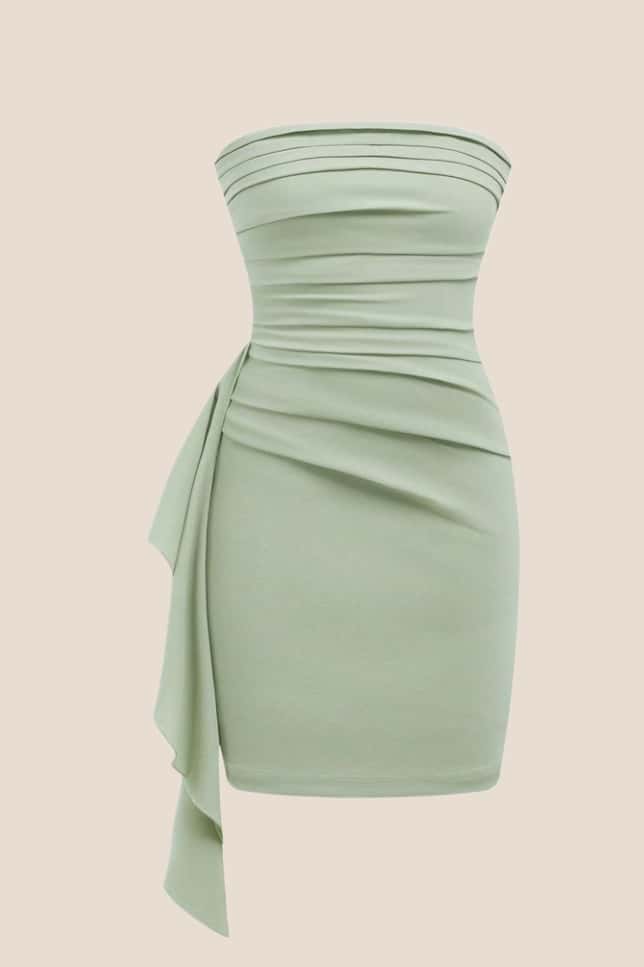 Strapless Light Blue Ruched Tight Dress with Train