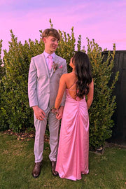 Spaghetti Straps Pink Back Tie Long Dress