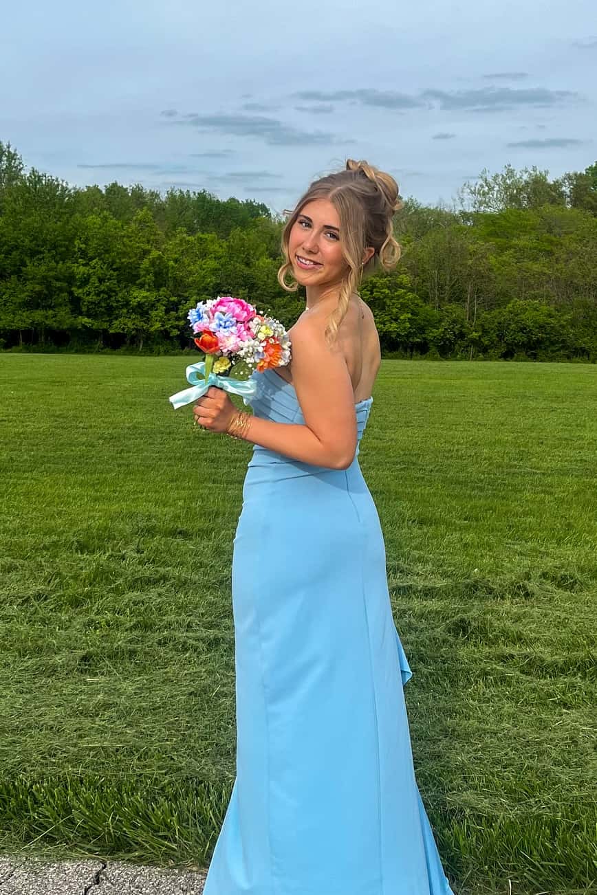 Strapless Yellow Pleated Long Dress with Slit