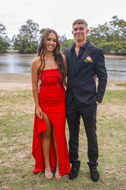 Strapless Yellow Pleated Long Dress with Slit