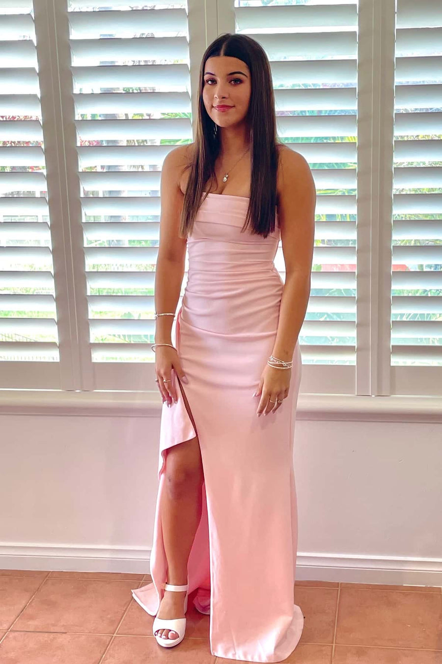 Strapless Yellow Pleated Long Dress with Slit