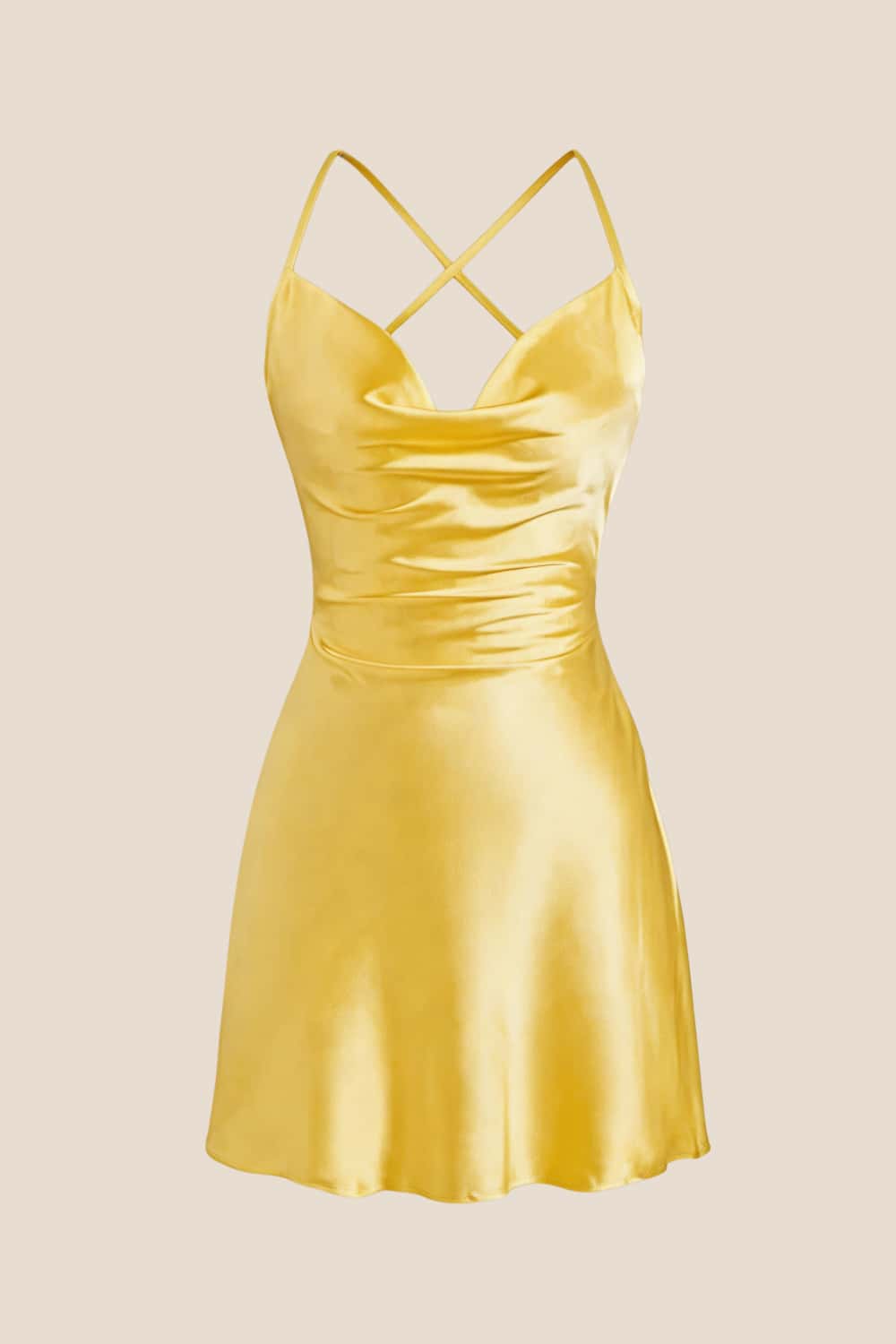 Straps Yellow Satin Cowl Neck Mini Dress Ohmollydress Straps Yellow Satin Cowl Neck Mini Dress Ohmollydress