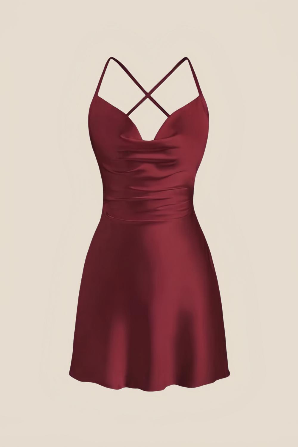 Straps Burgundy Satin Cowl Neck Mini Dress – Ohmollydress