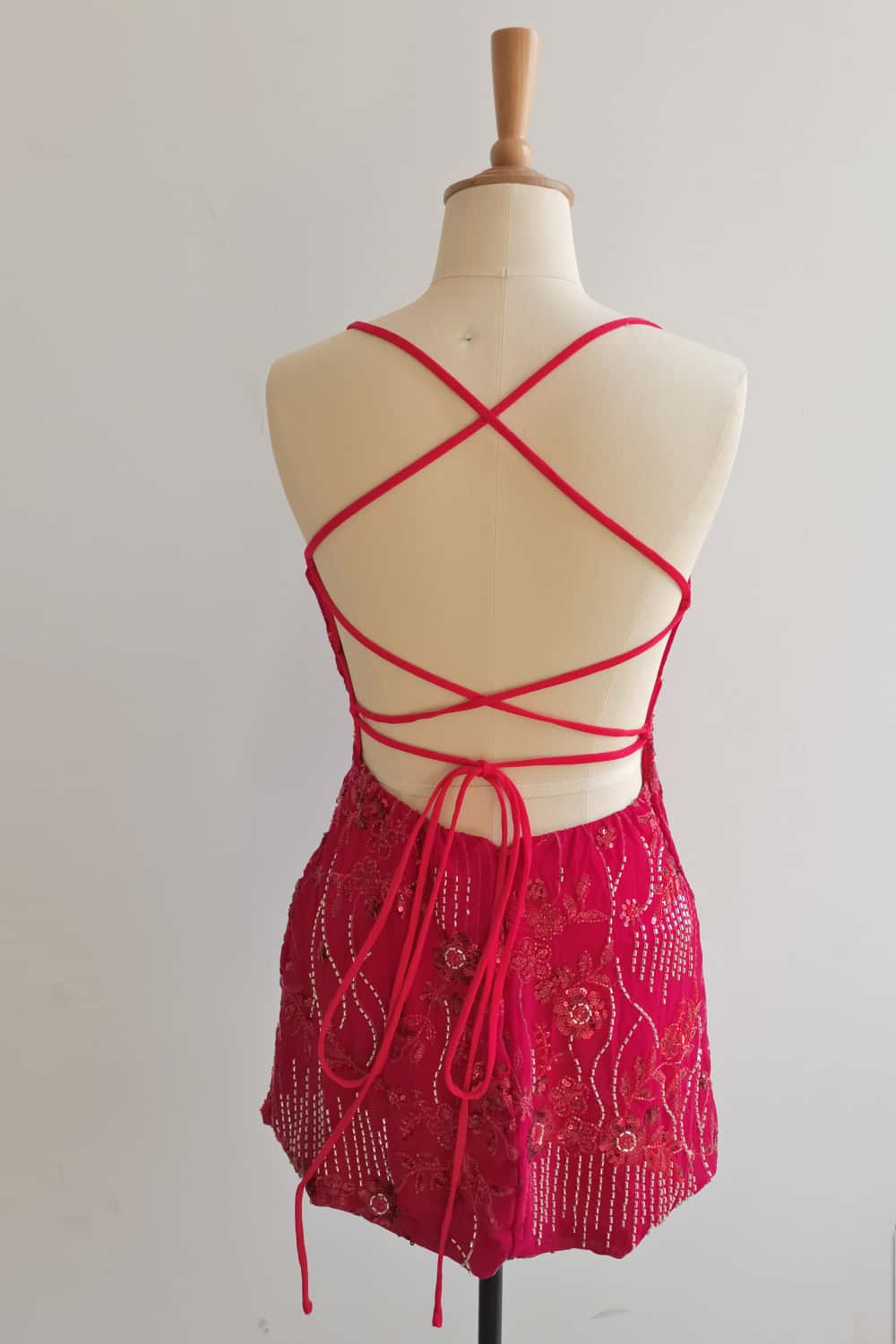 Spaghetti Straps Beaded Red Mini Dress