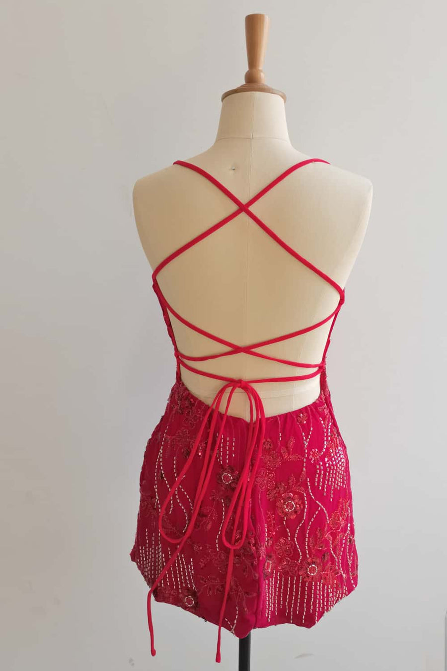 Spaghetti Straps Beaded Red Mini Dress
