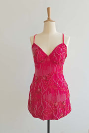 Spaghetti Straps Beaded Red Mini Dress