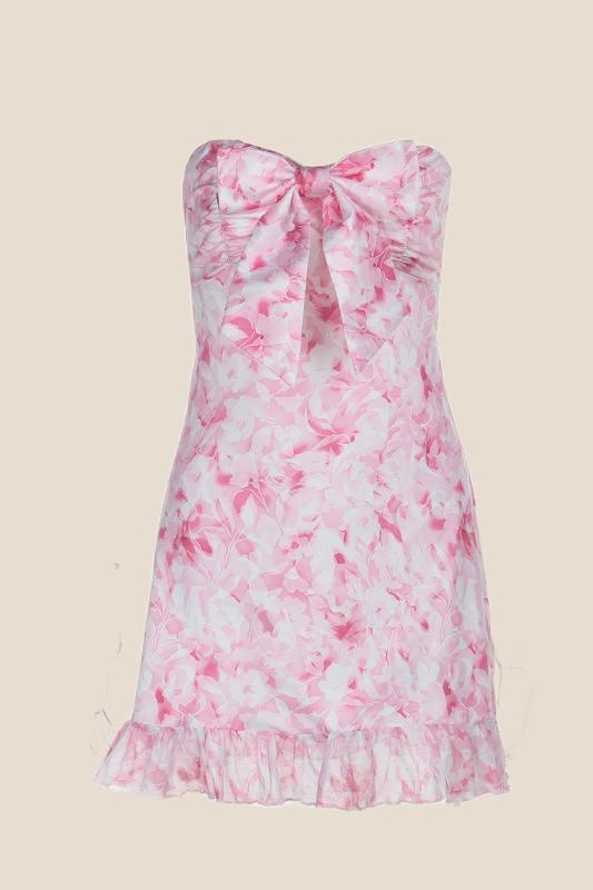 Cute Pink Print Mini Dress with Bow