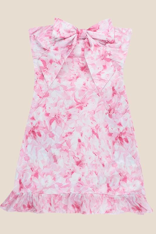 Cute Pink Print Mini Dress with Bow