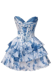 Strapless Blue Floral Corset A-line Short Ruffle Dress