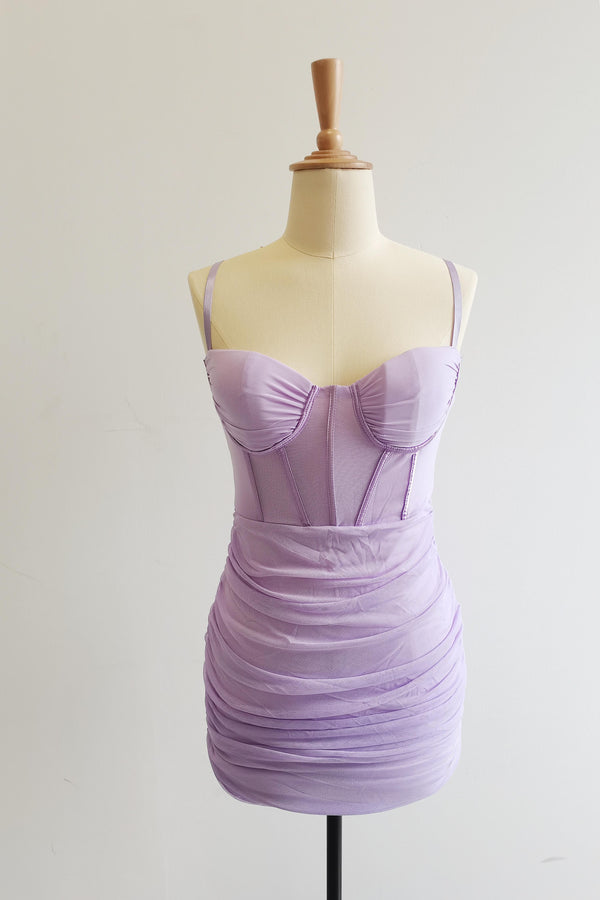 overload mesh bodycon corset mini dress Straps Lilac Ruched Tight – Ohmollydress Birthday dress for a drop: november 2020 styled with pointed heels Color:Dusty Rose  B