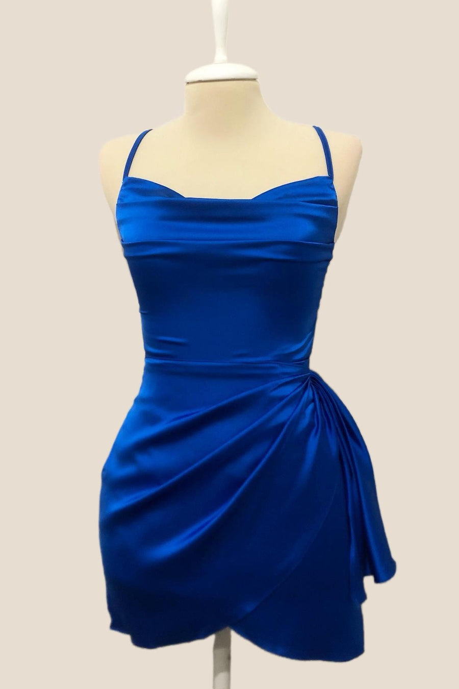 Straps Royal Blue Cowl Neck Satin Draped Dress