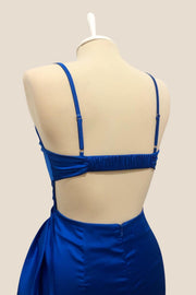 Straps Royal Blue Cowl Neck Satin Draped Dress