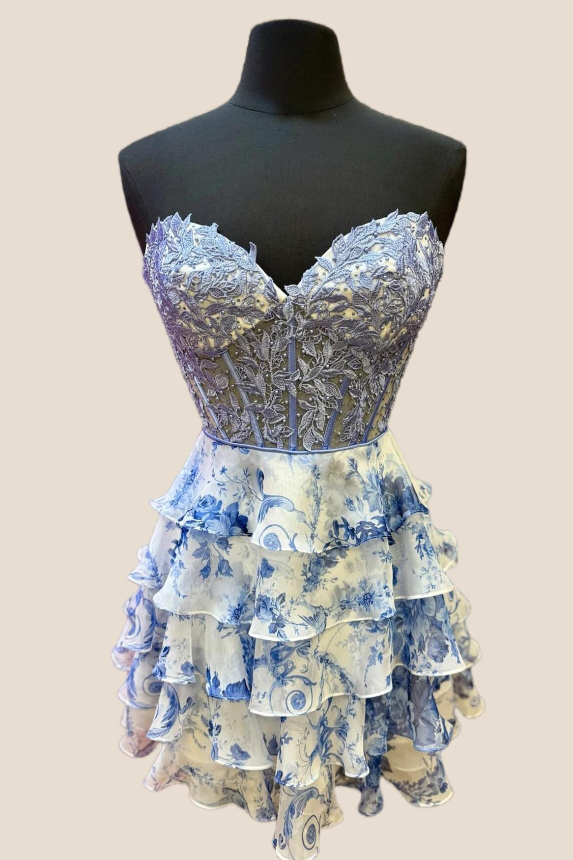 Blue Floral Appliques A-line Short Ruffle Dress